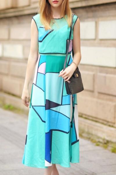 Oasap Goddess Geo Print Sleeveless Midi Dress