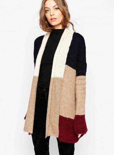Oasap Open Front Color Block Cardigan