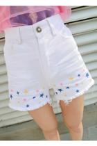 Oasap Star Embroidery Shorts With Raw Edge