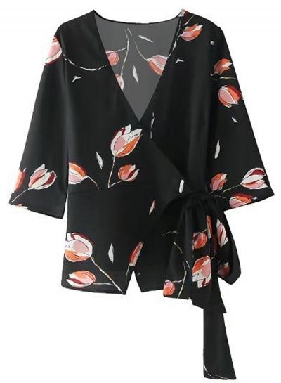 Oasap Deep V Neck Three Quarter Length Sleeve Floral Printed Blouses