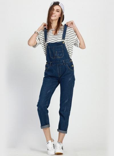 Oasap Fashion Loose Denim Suspender Trousers