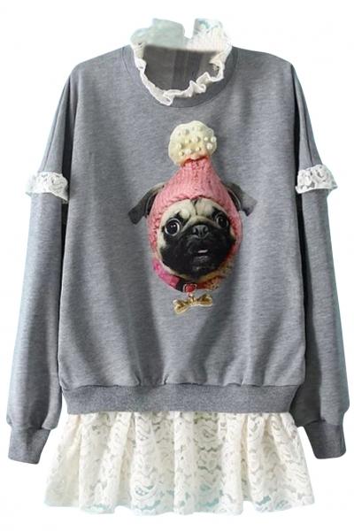 Oasap Hatted Bulldog Pattern Lace Trim French Terry Sweatshirt