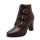 Oasap Round Toe Buckle Strap Block Heels Ankle Boots