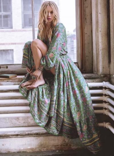 Oasap V Neck Lantern Sleeve Floral Print Midi Dress