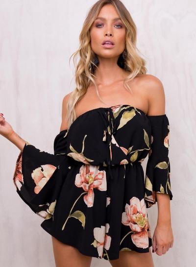 Oasap Off Shoulder Flare Sleeve Floral Printed Elastic Waist Romper