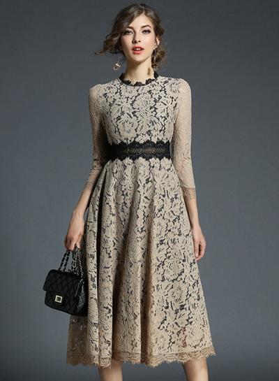 Oasap Round Neck Three Quarter Length Sleeve Lace Dress