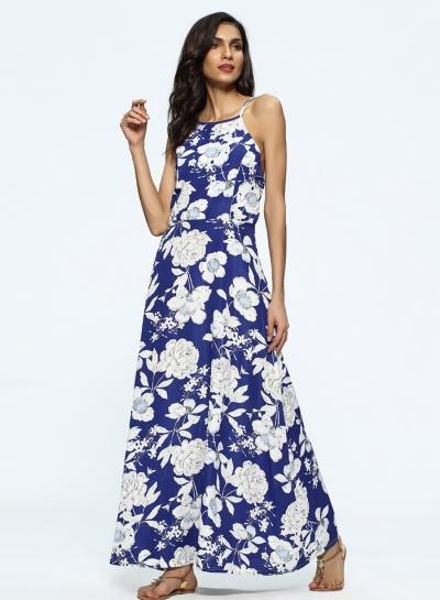 Oasap Spaghetti Strap Floral Print Backless Maxi Dress