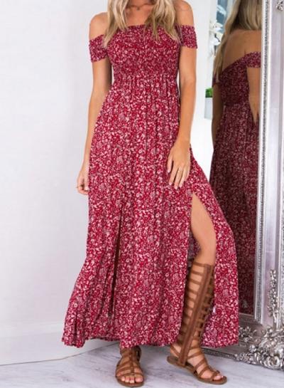 Oasap Off Shoulder Boho Floral Print Side Slit Dress