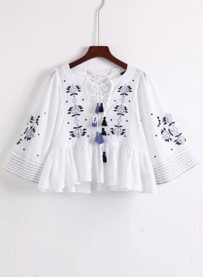 Oasap Geometric Embroidery Long Sleeve Blouse With Tassel