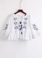 Oasap Geometric Embroidery Long Sleeve Blouse With Tassel