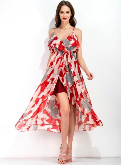 Oasap Boho V Neck High Waist Spaghetti Strap Printed Split Dress