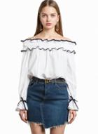 Oasap Casual Off Shoulder Ruffle Long Sleeve Pullover Blouse
