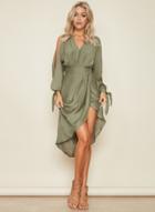Oasap Solid Color V Neck Long Sleeve High Waist Irregular Midi Dress