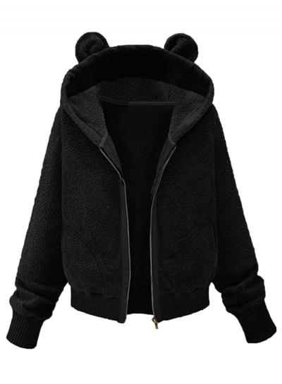 Oasap Solid Hooded Zipper Lamb Wool Coat