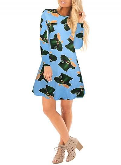 Oasap Round Neck Long Sleeve Christmas Hat Printed Midi Dress