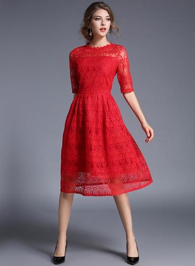Oasap Half Sleeve Lace Midi Dresses
