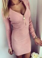 Oasap V Neck Front Zip Bodycon Mini Dress