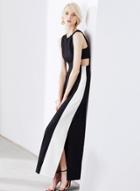 Oasap Sleeveless Cut Out Color Block Slit Maxi Dress