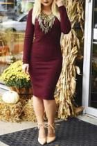 Oasap Burgundy Scoop Neck Ribbed Knit Bodycon Dress