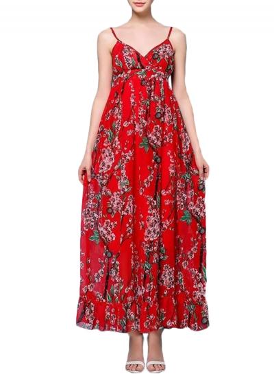 Oasap Women Floral Print V Neck Spaghetti Strap Maxi Chiffon Dress