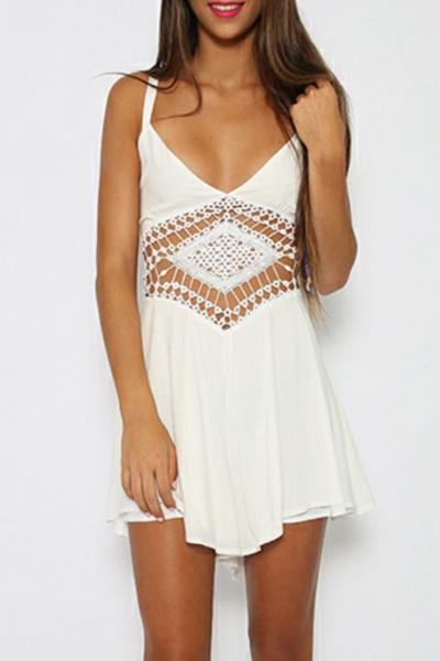 Oasap Solid White Lace Paneled Cami Romper