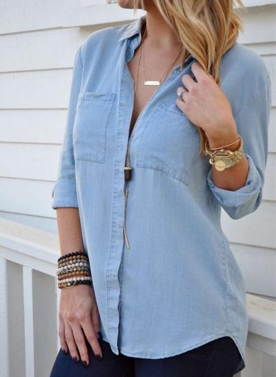 Oasap Turn-down Collar Long Sleeve Denim Button Down Shirt