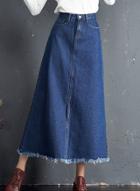 Oasap High Waist Maxi A-line Denim Skirt With Tassel