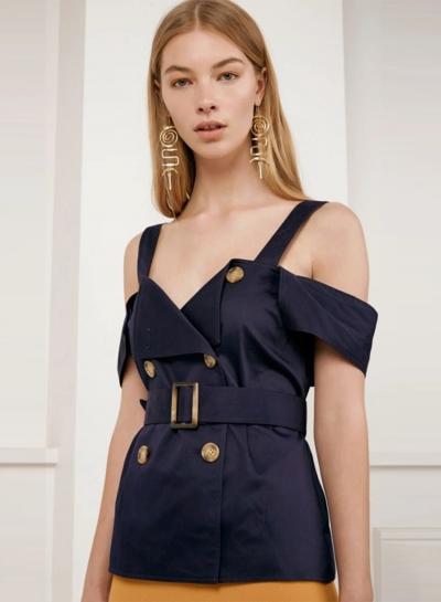 Oasap Off Shoulder Double Breasted Solid Blouse With Belt