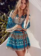 Oasap Bohemia V Neck 3/4 Sleeve Dress
