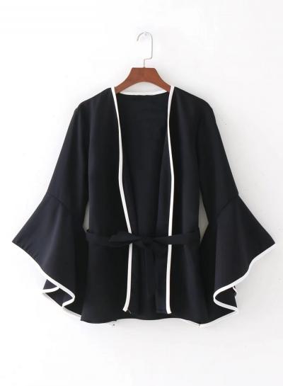 Oasap Lace Up Flounce Sleeve Solid Color Coat