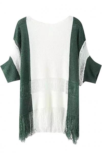 Oasap Gorgeous Color Block Half Sleeve Tasseled Pullover