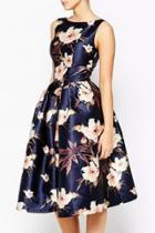 Oasap Stylish Floral Print Scoop Back Pleated Swing Dress