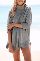 Oasap Grey Batwing Sleeve Side Slit Turtleneck Knit Sweater