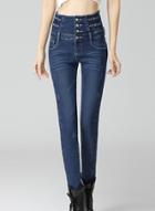 Oasap Rhinestone Paneled High Waist Slim Elastic Pants
