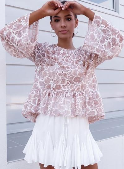 Oasap Round Neck Floral Print Flare Sleeve Blouse