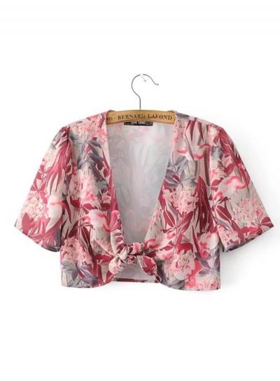 Oasap Floral Print Tie Front Crop Top