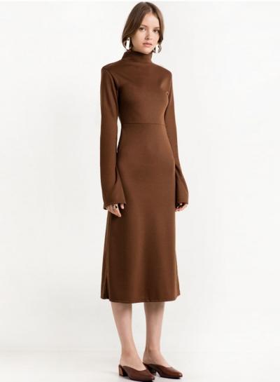 Oasap Coffee Slim High Neck Midi Dress