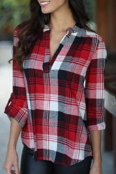 Oasap Classic Plaid V Neck High Low Blouse