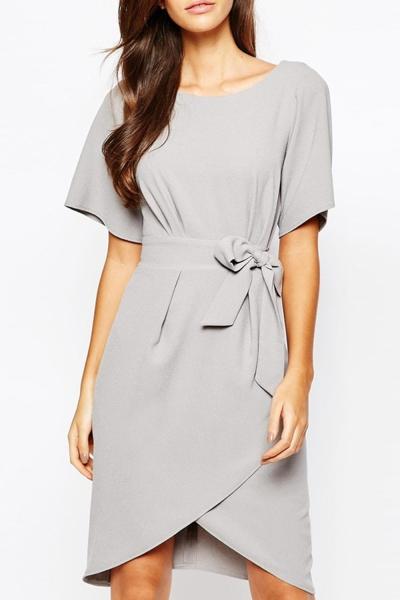Oasap Elegant Round Neck V Back Belted Chiffon Dress