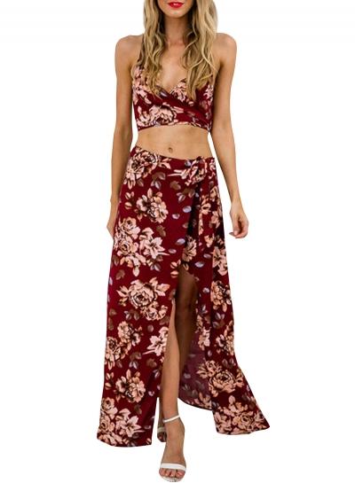 Oasap Women Floral Print V Neck Crop Top Slit Skirt Matching Set