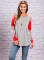 Oasap Round Neck Long Sleeve Striped Splicing Pullover Tee Shirt