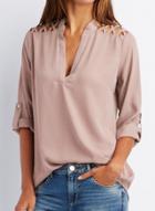 Oasap Long Sleeve Solid Color V Neck Lace Up Blouse