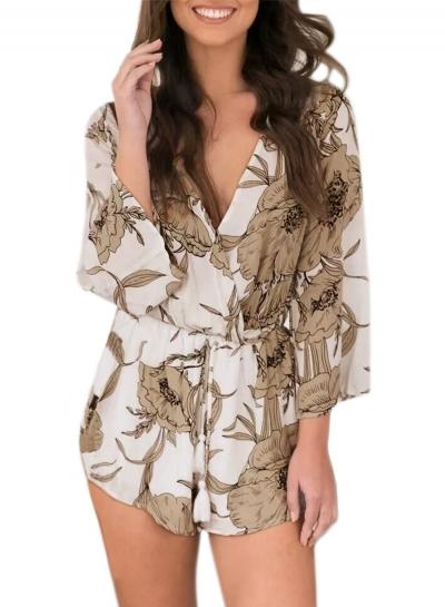 Oasap Women's Casual V Neck Long Sleeve Floral Print Short Romper
