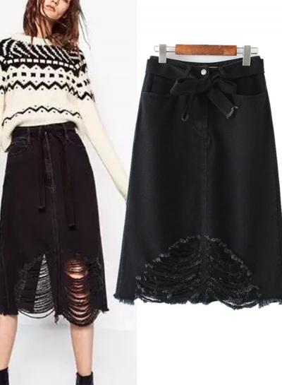 Oasap Ripped Tassel Detail Denim Skirt