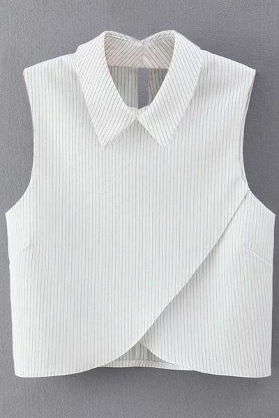 Oasap Fashion Striped Turn Down Collar Keyhole Back Crop Top