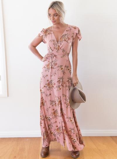 Oasap Deep V Neck Short Sleeve Floral Printed Bohemian Maxi Dress