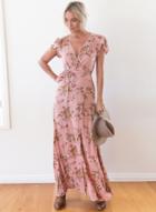 Oasap Deep V Neck Short Sleeve Floral Printed Bohemian Maxi Dress