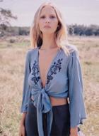 Oasap Deep V Neck Flare Sleeve Floral Embroidery Tie Crop Top
