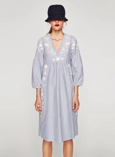 Oasap V Neck Floral Embroidery Lantern Sleeve Striped Dress