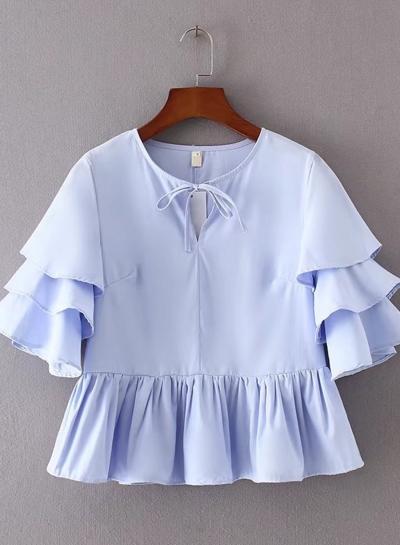 Oasap Flounce Sleeve Lace Up Solid Color Blouse